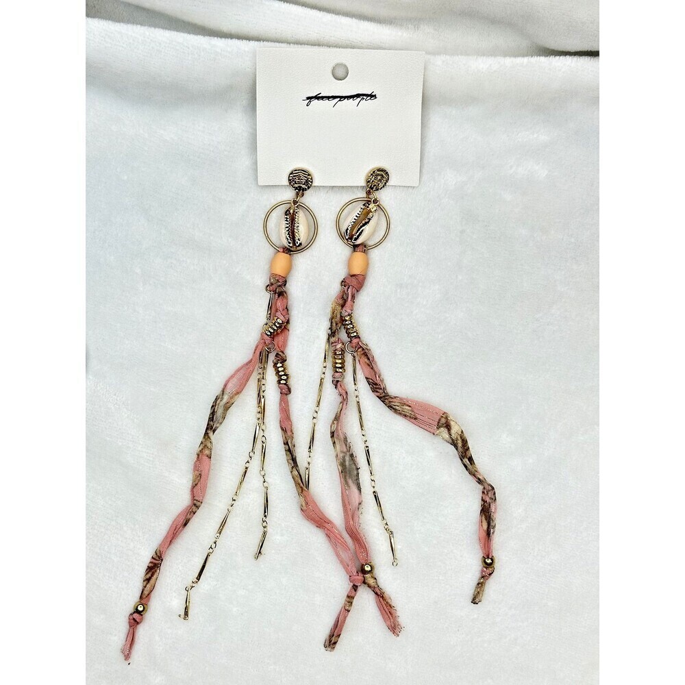 Free People Dangle Earrings Boho Shell Bead Fringe Women Pink Gold Tone Handmade